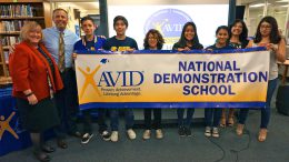 District administrators and Valencia High AVID students celebrate being selected as an AVID National Demonstration Site.
