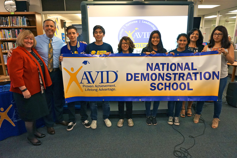 District administrators and Valencia High AVID students celebrate being selected as an AVID National Demonstration Site.