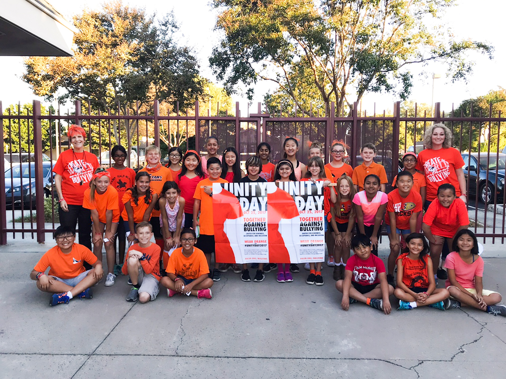 Golden Elementary School students and staff wearing orange to spread the message of anti-bullying.