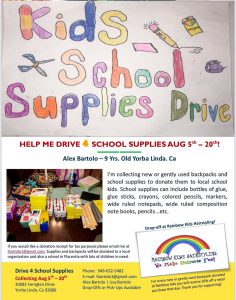The school supply drive flyer Alex distributed locally.