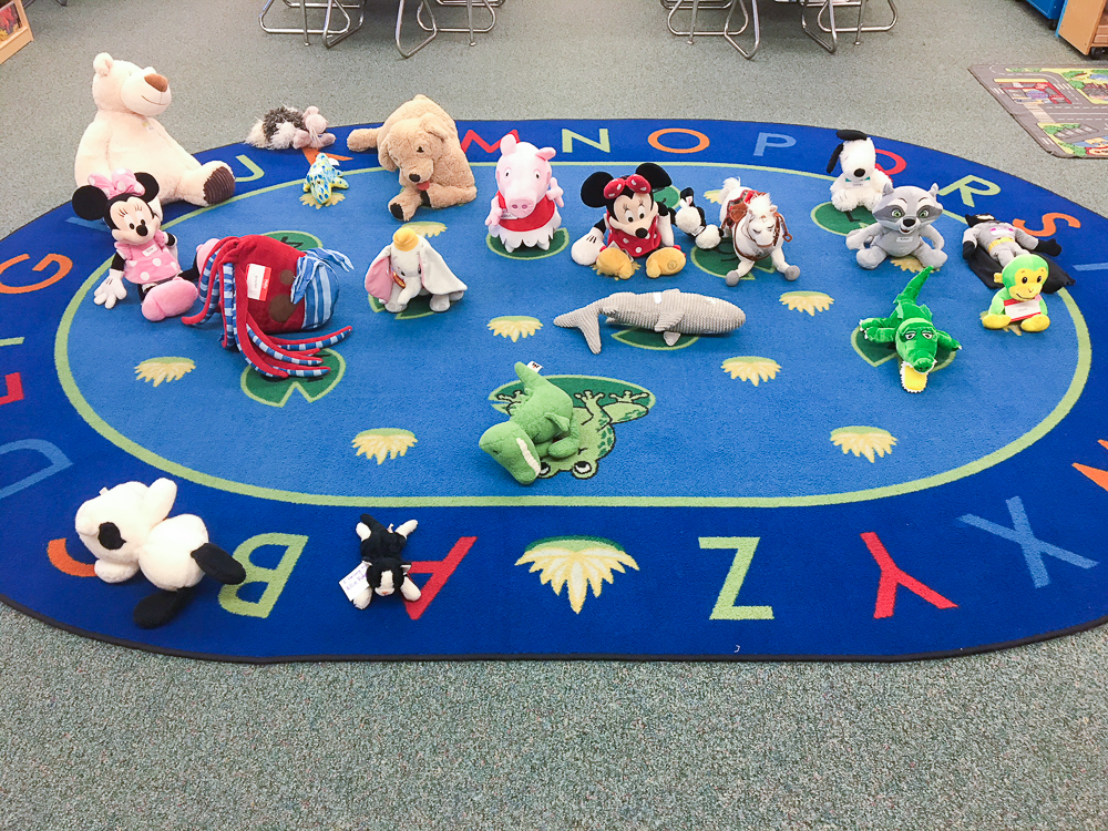 Students' stuffed animals in their classroom at school.