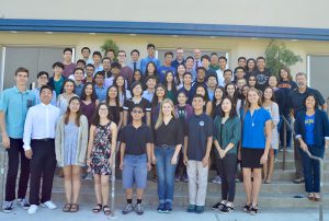 Valencia High School administrators pictured with the school's 2019 National Merit Semifinalists and Commended Students.