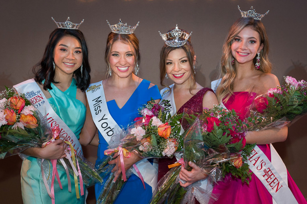 Miss Yorba Linda 2019 Monica MacDonald with Miss Yorba Linda’s Outstanding Teen 2019 Karissa Dole, left, and Miss Placentia 2019 Ashley Nelson with Miss Placentia’s Outstanding Teen 2019 Peyton Heitz, right, at the Valencia High School Auditorium on Saturday, February 2, 2019. (Photo by Frank D’Amato, Contributing Photographer)