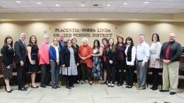 The 2019 Placentia-Yorba Linda Unified School District Employees of the Year pictured with the Board of Education, Executive Cabinet, APLE & CSEA Presidents, and a representative from SchoolsFirst FCU on March 5, 2019.
