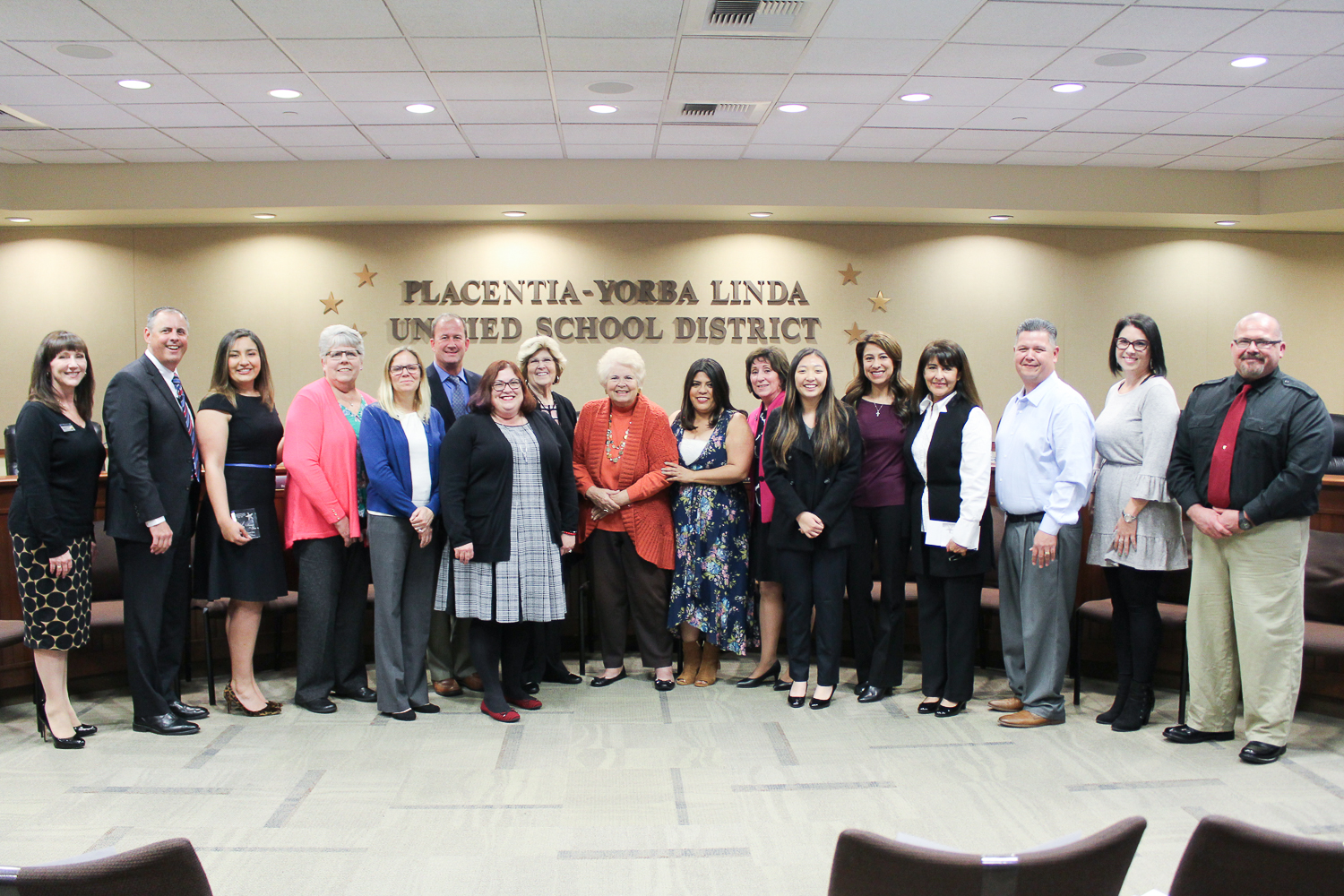 The 2019 Placentia-Yorba Linda Unified School District Employees of the Year pictured with the Board of Education, Executive Cabinet, APLE & CSEA Presidents, and a representative from SchoolsFirst FCU on March 5, 2019.