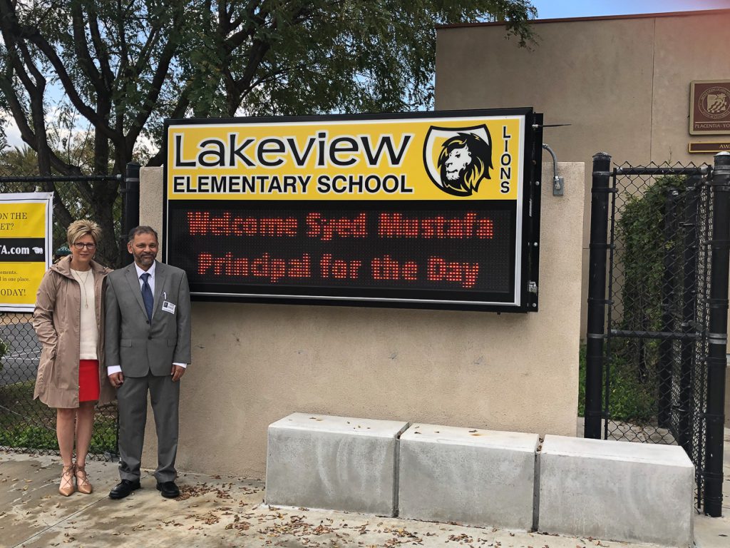 Principal Tamie Beeuwsaert and Principal for a Day Syed Mustafa at Lakeview Elementary School in Yorba Linda.