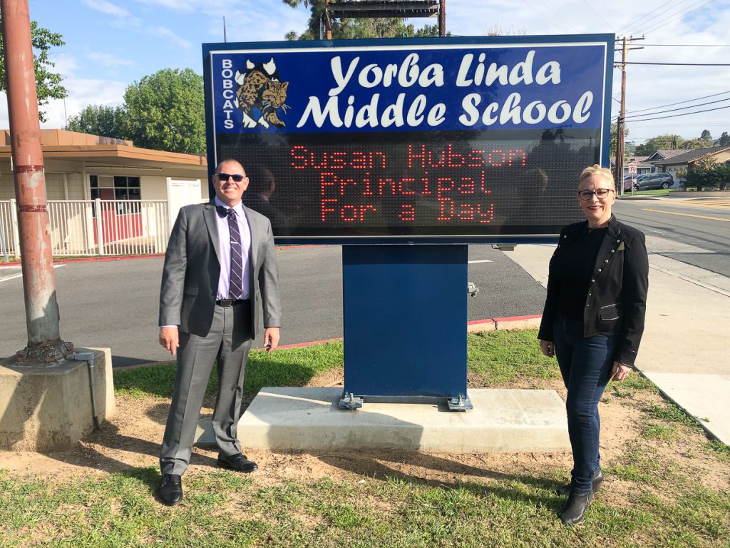 Yorba Linda Middle School Principal for a Day, Susan Hubson, and Principal Greg Kemp.