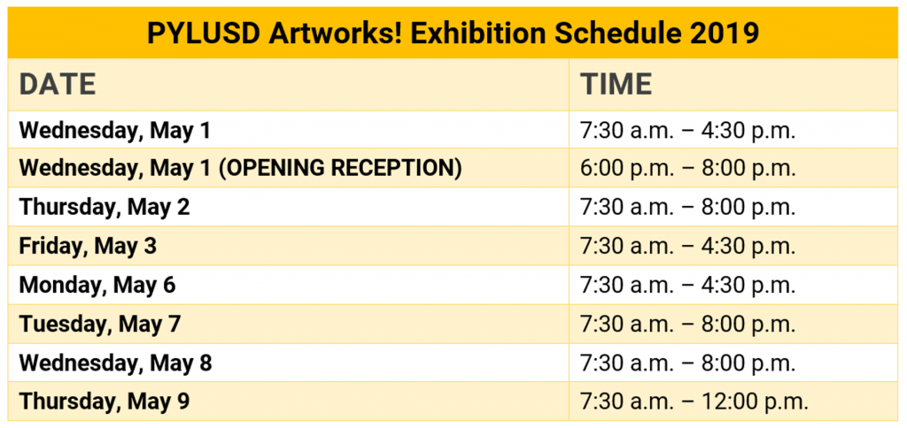 Artworks! schedule for PYLUSD in 2019.