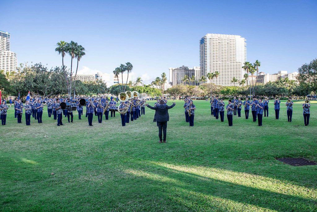 YLHS band and guard in Hawaii.