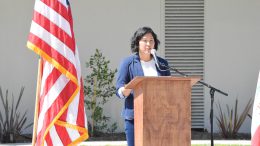 Principal Olivia Yaung addressing those in attendance at the 36th Annual Memorial Day Ceremony at Valencia High School.