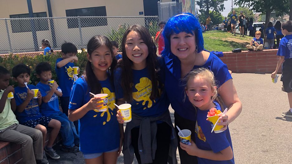 Principal Alison DeMark with students during the Golden Elementary School National Blue Ribbon award celebration on June 5.