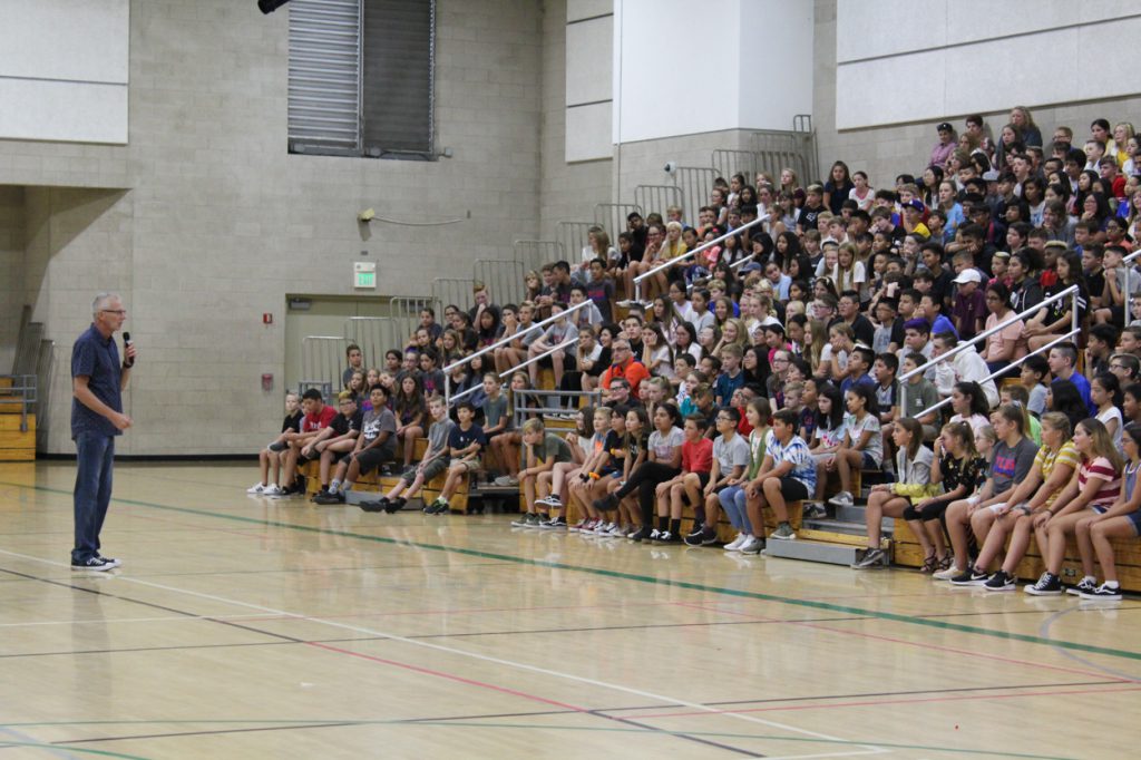 Tyler Durman speaking to Yorba Linda Middle School students during an assembly on August 28.