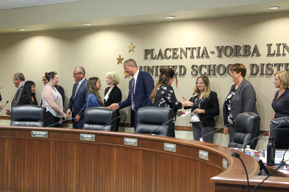 AVID 8th Grade Standout students with their teachers and the Placentia-Yorba Linda Board of Education and Superintendent Dr. Jim Elsasser.