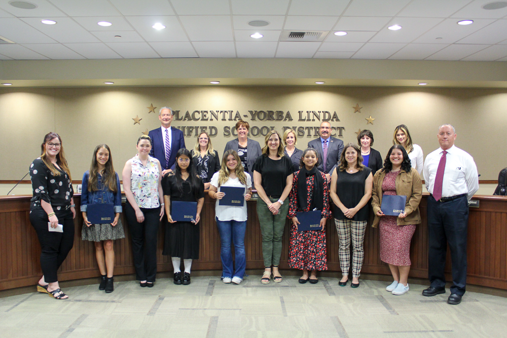 AVID 8th Grade Standout students with their teachers and the Placentia-Yorba Linda Board of Education and Superintendent Dr. Jim Elsasser.