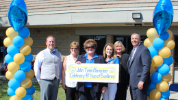 (L-R) Assistant Superintendent of Human Resources, Kevin Lee, former Tynes Principal, Beth Berndt, Tynes Principal, Dr. Debbie Silverman, Tynes Assistant Principal, Jacque Bluemel, Deputy Superintendent, Candy Plahy, and Superintendent, Dr. Greg Plutko celebrated John O. Tynes Elementary School's 40th anniversary on Friday, September 29.