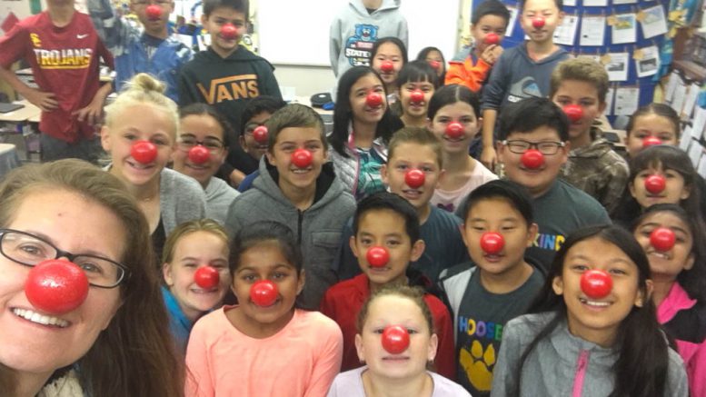 Lakeview elementary students wearing red noses.