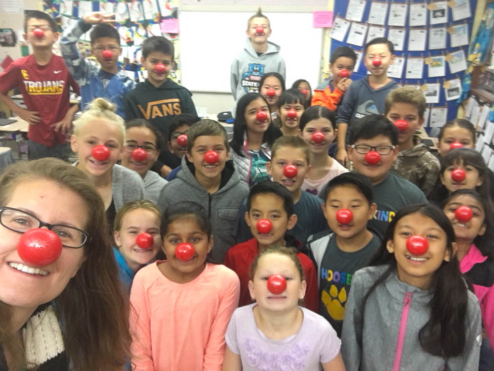 Lakeview elementary students wearing red noses.