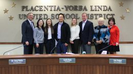 Pictured left to right, Superintendent, Dr. Greg Plutko, Sophia and her parents, Susan and Sam, President, Carrie Buck, Vice President, Eric Padget, and Trustees, Judi Carmona and Karin Freeman on Tuesday, January 15, 2019.