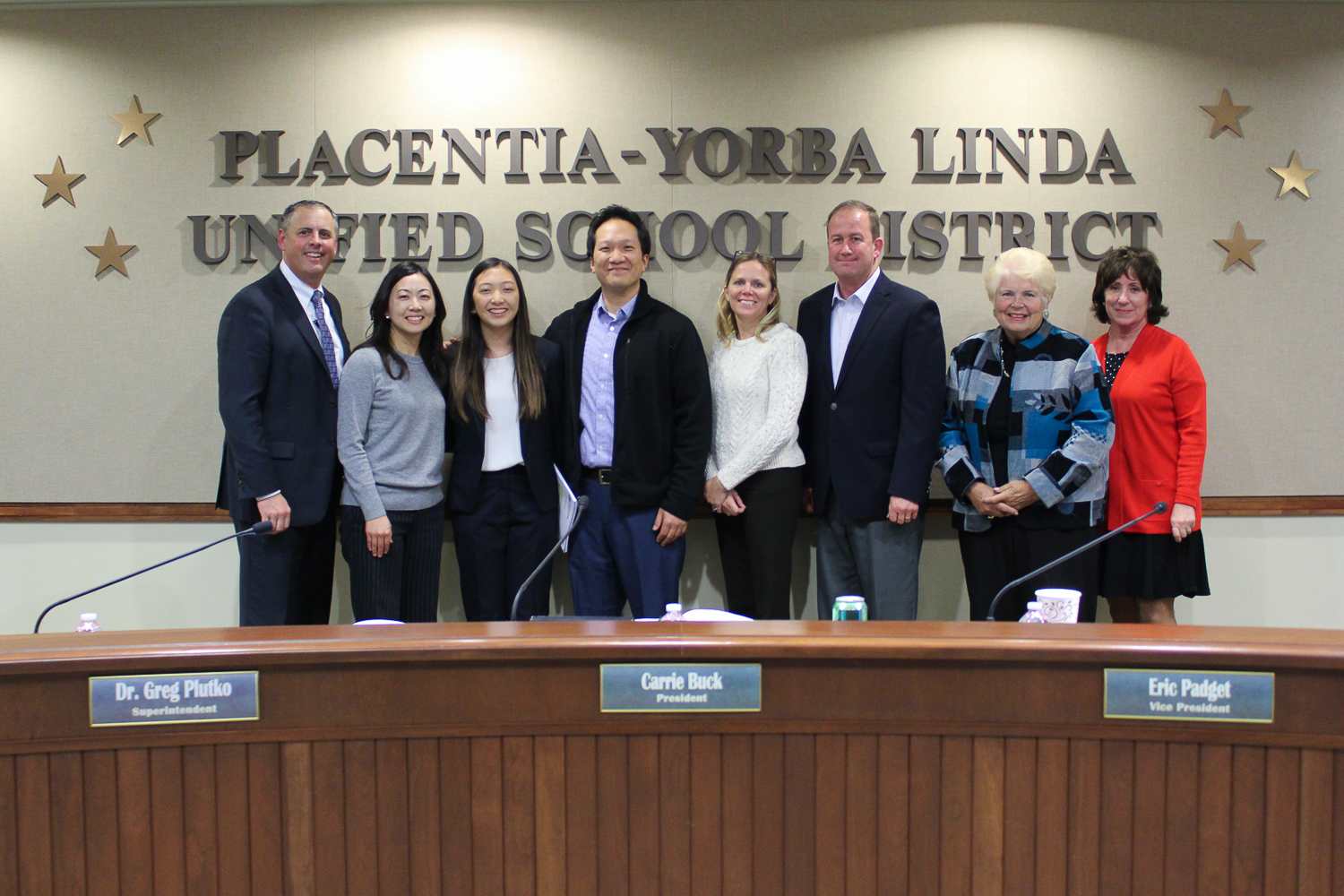 Pictured left to right, Superintendent, Dr. Greg Plutko, Sophia and her parents, Susan and Sam, President, Carrie Buck, Vice President, Eric Padget, and Trustees, Judi Carmona and Karin Freeman on Tuesday, January 15, 2019.