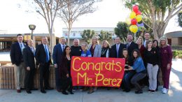 District administrators and Esperanza Aztecs gather to help celebrate teacher Frank Perez as he is identified as a PYLUSD Employee of the Year on Friday, February 8, 2019.