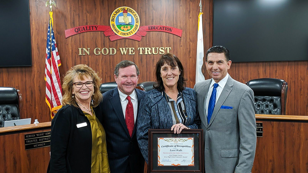 Pictured left to right, California Association of School Counselors Executive Director, Loretta Whitson, Orange County Board Member, Ken Williams, Yorba Linda High School counselor, Lorri Walls, and Orange County Department of Education Superintendent, Dr. Al Mijares.