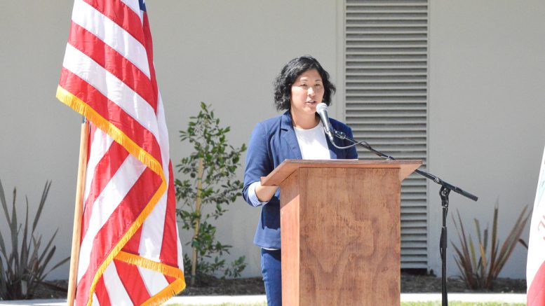 Principal Olivia Yaung addressing those in attendance at the 36th Annual Memorial Day Ceremony at Valencia High School.