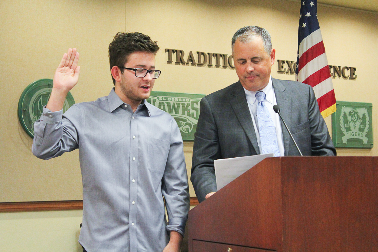 Nathan taking his Oath of Office at the July 9 Board of Education meeting with PYLUSD Superintendent, Dr. Greg Plutko.