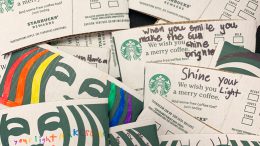 Starbucks sleeves decorated by students.