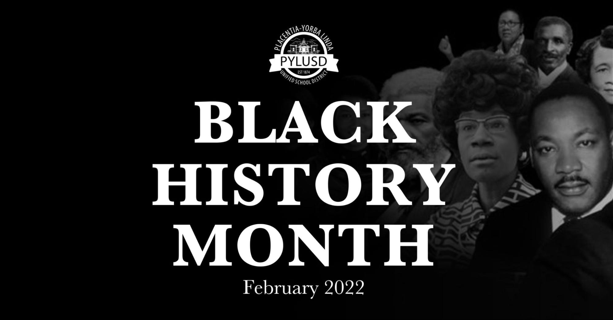 Black History Month graphic featuring Dr. MLK, Ruby Bridges, Frederick Douglass and other prominent Black figures.